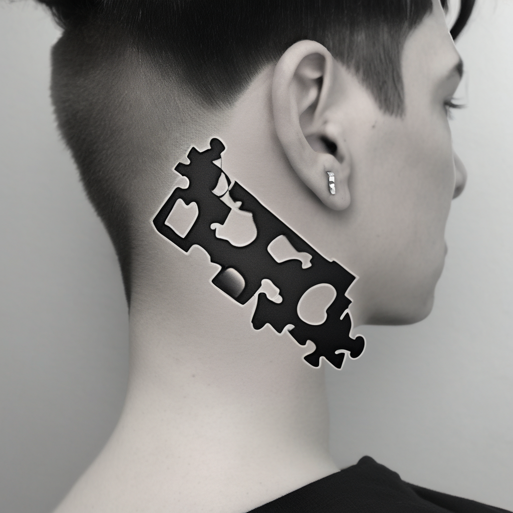 side of the neck puzzle piece tattoo where one of the pieces says Rella fishing tattoos, AI-generated Black and White tattoo design